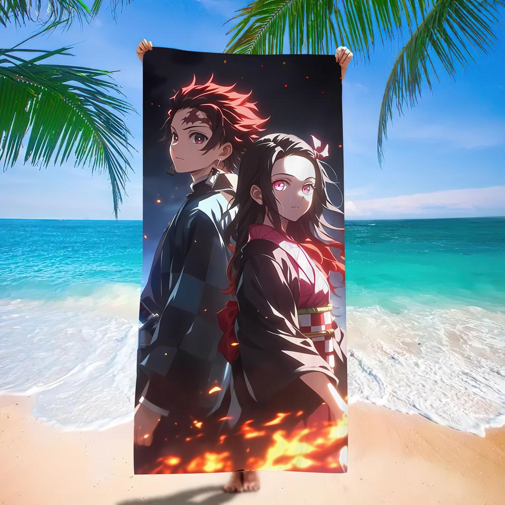 D-Demon Slayer Plážové osušky Pro děti Personalizované osušky na koupání Dárek na dovolenou k bazénu Pikniková osuška Rychleschnoucí Osušky na párty 70x140cm