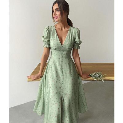 Summer Elegant Floral Printed V-neck Long Dress Women Office-lady Lantern Sleeve Dress With Button Fashion Slim Robe Femme 26226