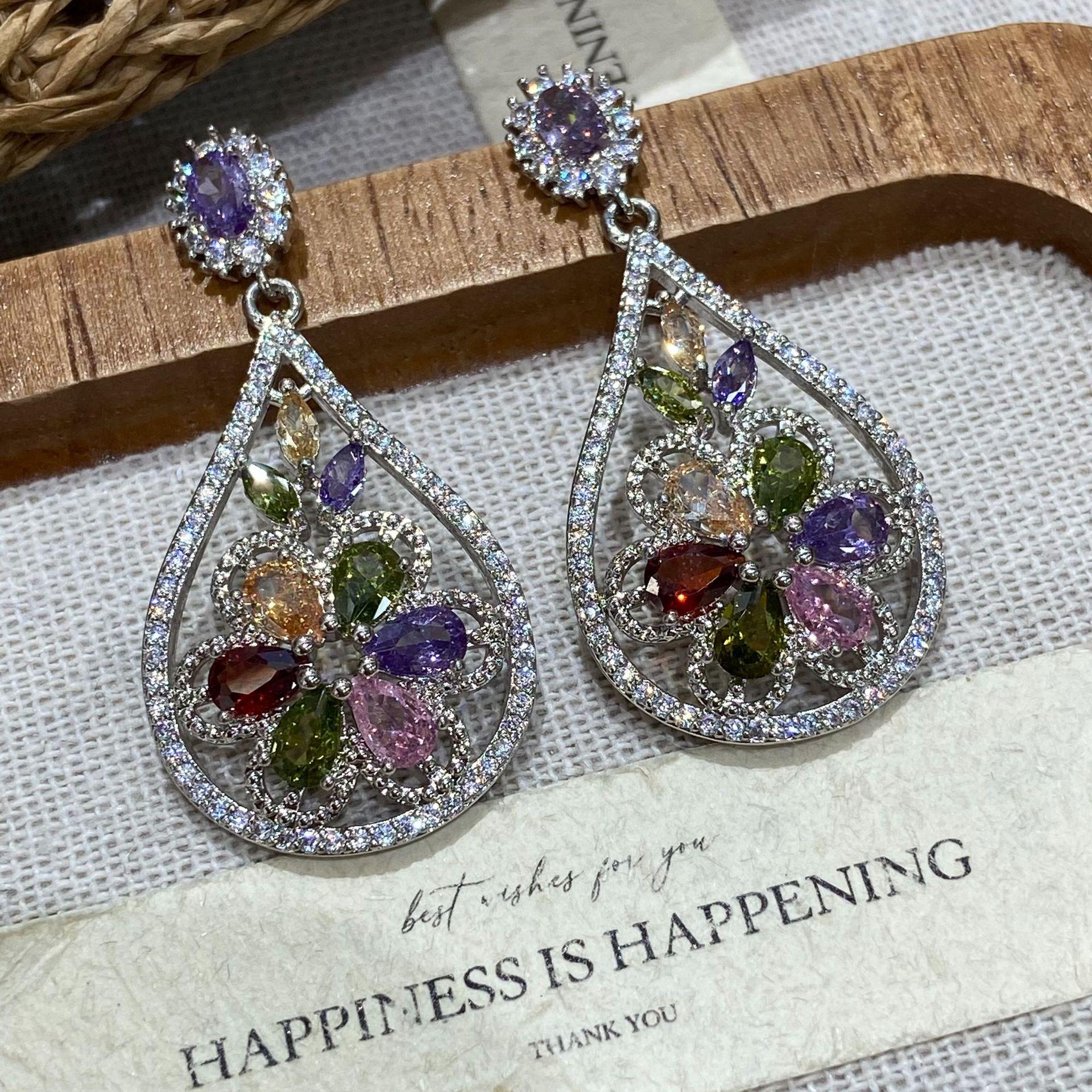 Premium Induction Plated Silver Aaa Zircon Earrings, Stylish Retro Color Water Drop Earrings
