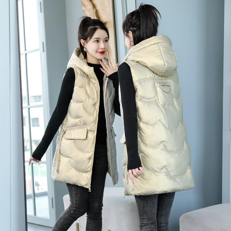 

Жилет из хлопка для женщин средней длины, осенне-зимний модный утягивающий жилет в корейском стиле, блестящий одноразовый жилет, куртка XXXXL шампанского