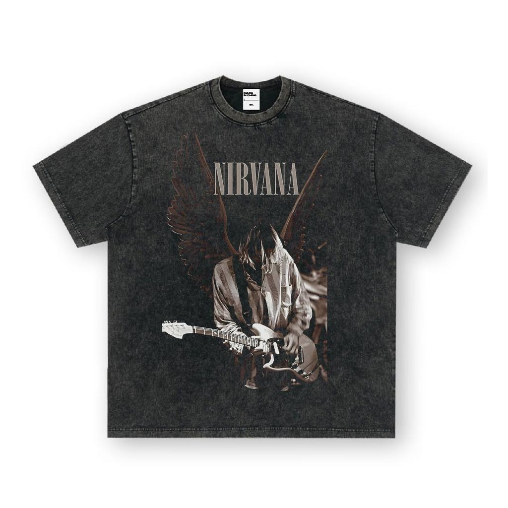Maglietta a maniche lunghe band Nirvana vintage europeo e americano lavata effetto invecchiato maglietta a maniche corte Nirvana per uomo e donna