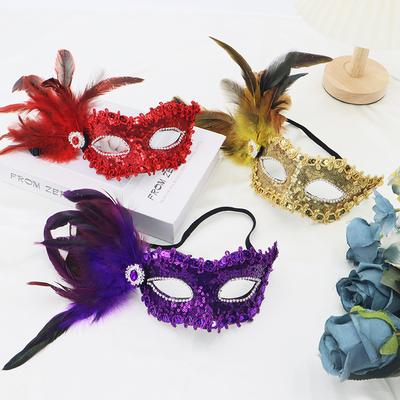Feathers Sequins Half-Face Mask Masquerade  Removable Feather Decor Venetian Mask Halloween Cosplay Party Costume Accessory