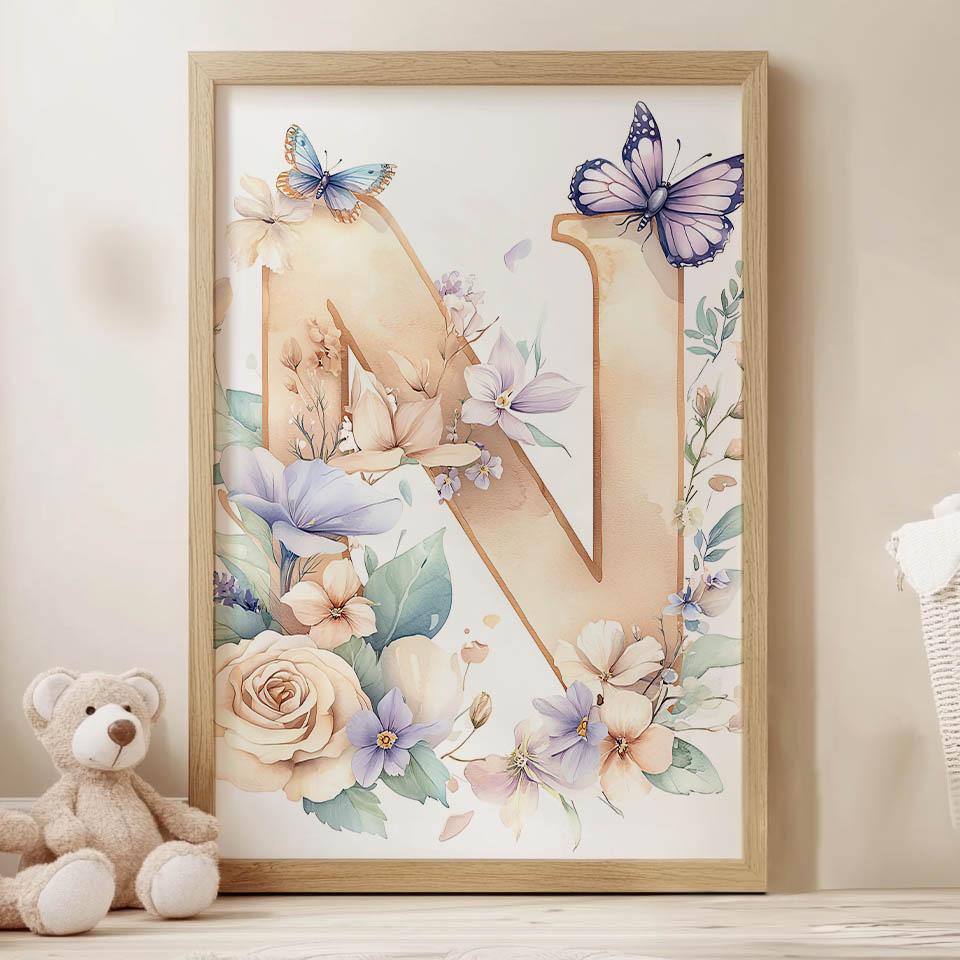 N - Kwiatowy Plakat Dla Dzieci N - Kwiatowy Plakat Dla Dzieci, 50X70 Cm, Bez Ramy, Płótno Premium Na Blejtramie