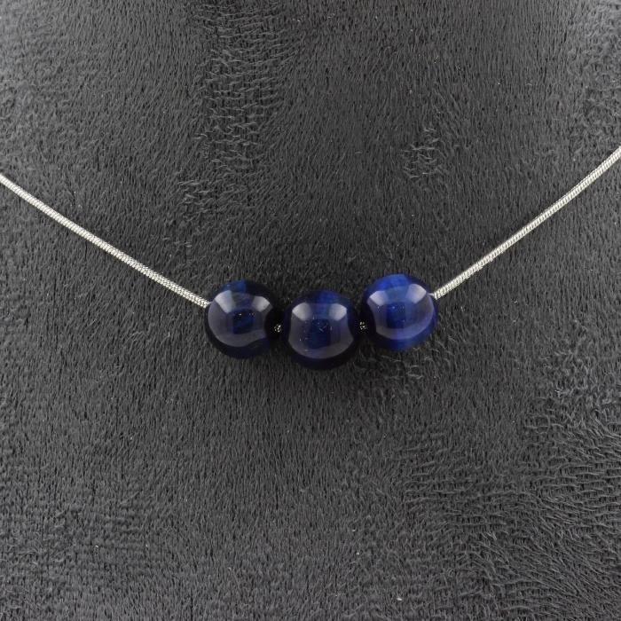 Collier - ABIJOUX - Oeil de Tigre Bleu - 3 perles - Acier inoxydable - Longueur 45 cm