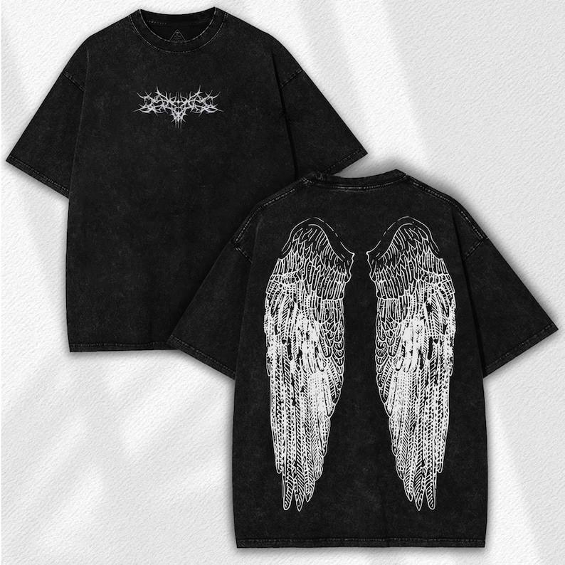 Vypraná košile s andělskými křídly: Gotický Vintage Streetwear - Temný Cyber Sigilismus Grunge