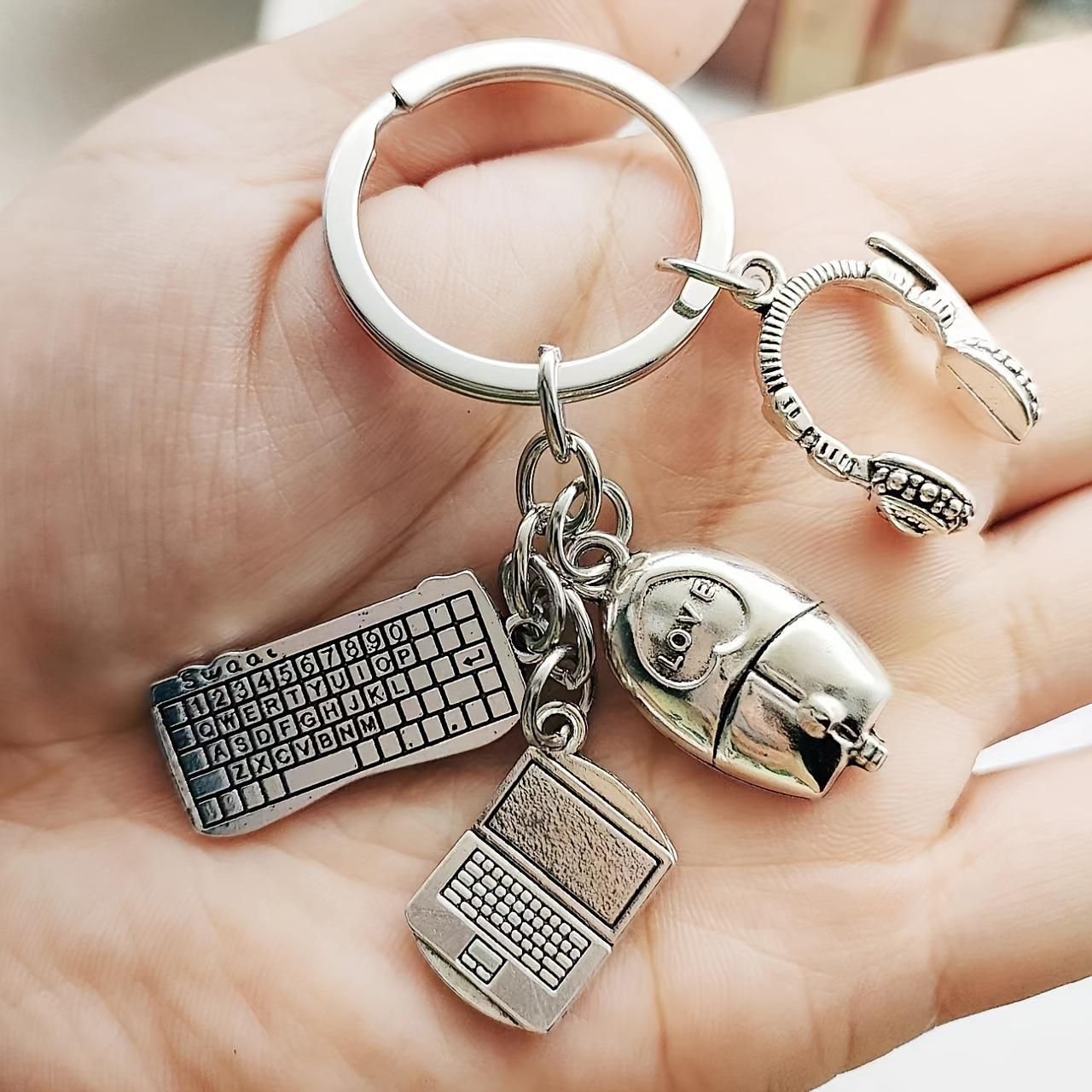 

Retro IT Tech Computer Headset, Keyboard Mouse, and Car Pendant Keychain