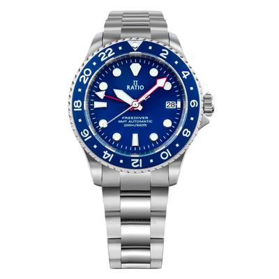 Reloj automático para hombre FreeDiver GMT Series con esfera azul y zafiro, RTF053, 200 m