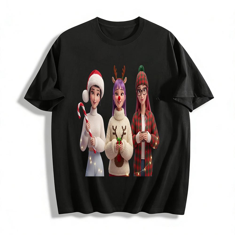 

Christmas BFF Printed Long Sleeve Top Reindeer Santa Hat Pattern Casual Holiday Tee Pure cotton T-shirt 6XL