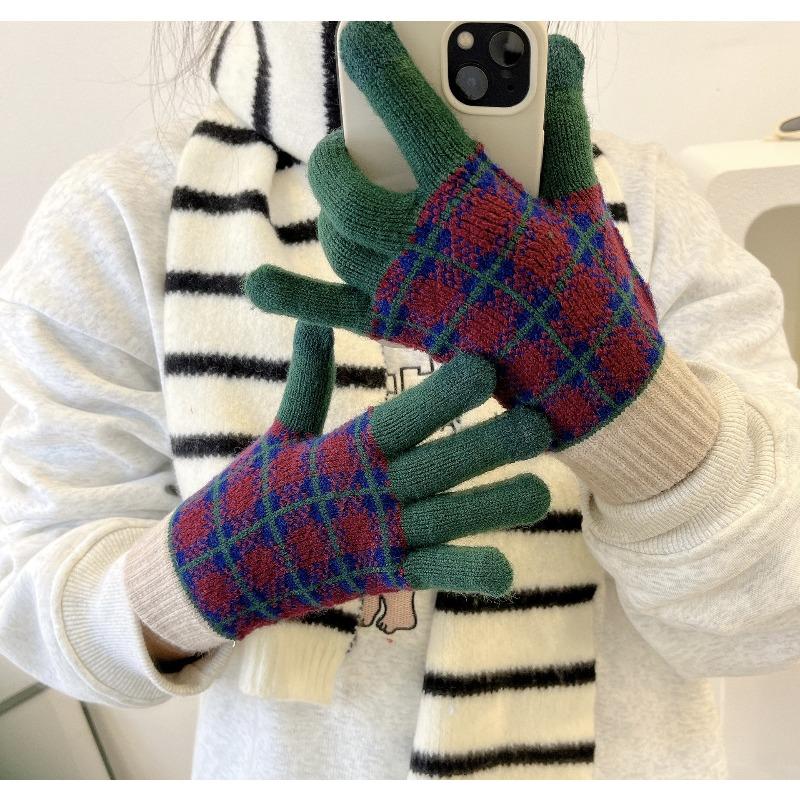 

Plaid Warm Gloves for Girls in Autumn and Winter Knitted Plus Velvet Half finger Driving and Riding Split Finger Fashion for Female Students One Size