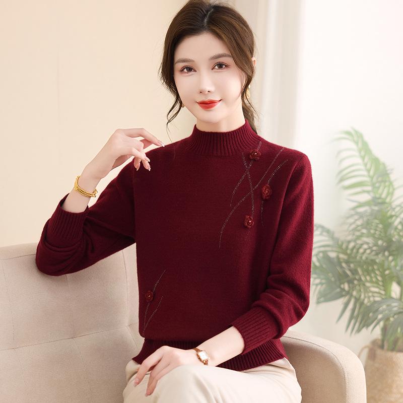 Mom's Winter Cozy Knit Half-High Collar Sweater for Middle-Aged & Elderly Women - Stylish & Warm Base Layer