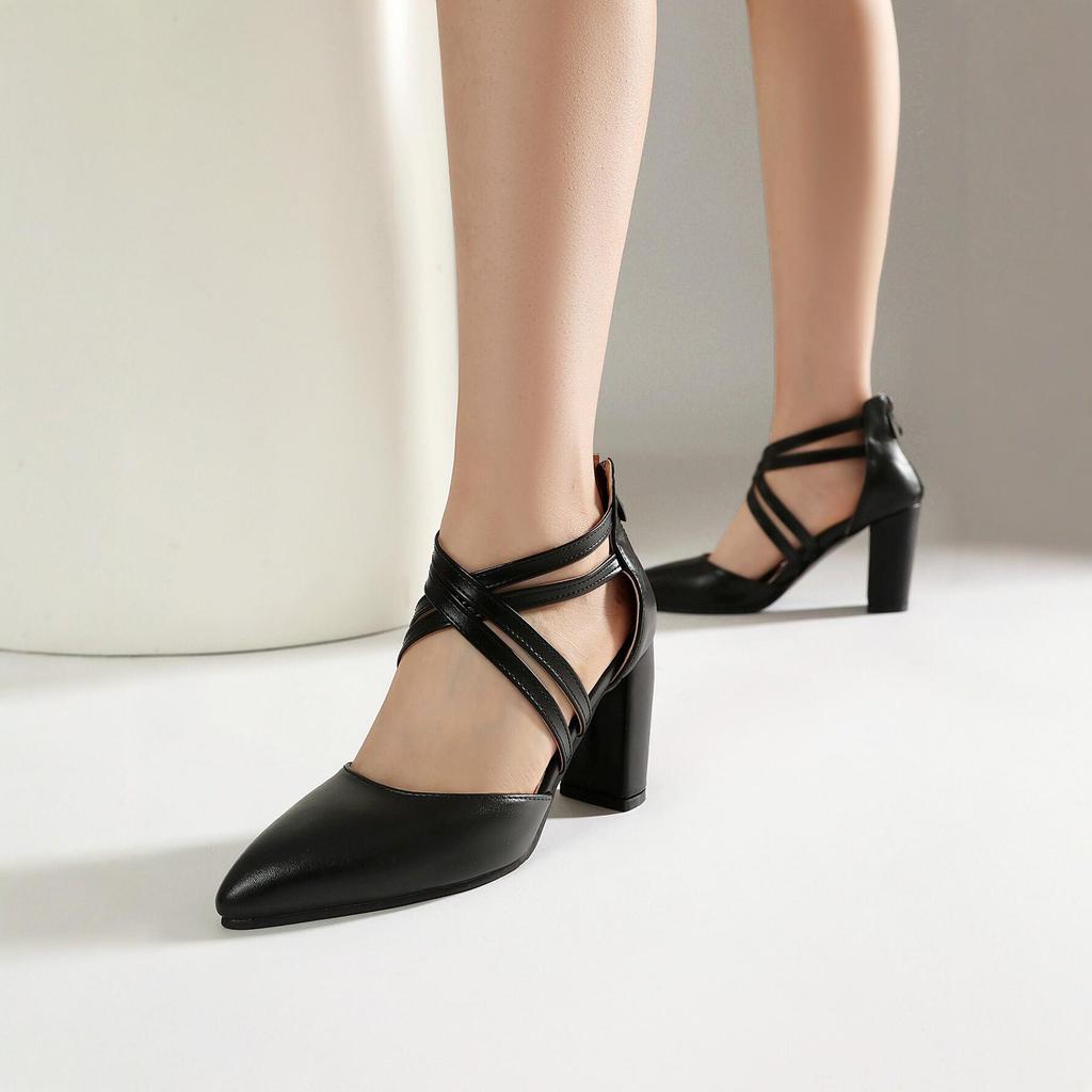 Women's Chunky Leather High Heel Sandals, Pointed Toe, Breathable, Hollow Design, Versatile, Slimming, Height Boost, Large Size.