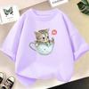 Cute Cat  T-shirt In Cup Summer Short Sleeve Casual Tees Girls Top Kids Kawaii Clothing