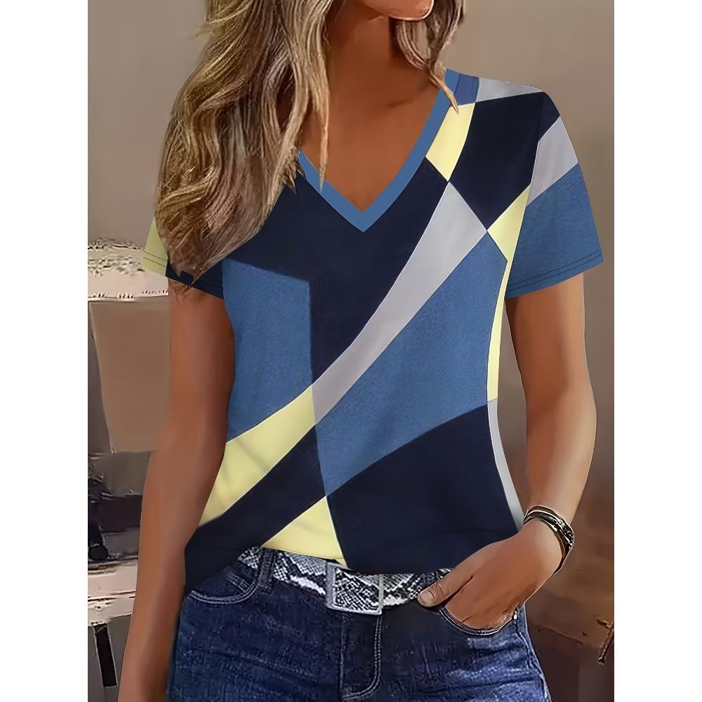 Summer Fashion Comfortable Loose Large T-shirt Striped Grid 3D Printed Casual Breathable Versatile V-neck Short Sleeved Women's T-shirt