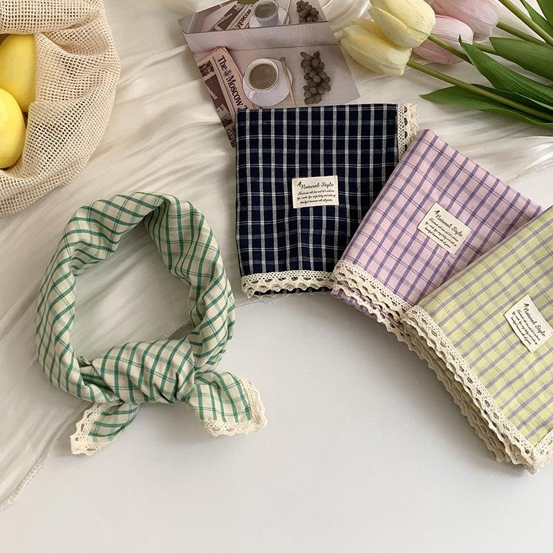 Silk scarf neck small square scarf plaid lace edge versatile fashion scarf headscarf summer women pastoral silk scarf headband