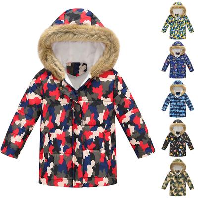 Gepolsterte Jacke für Kinder, für Jungen und Mädchen, modischer Druck, Cartoon-Stil, großer Junge, langer Kragen, gepolsterte Jacke mit Kapuze