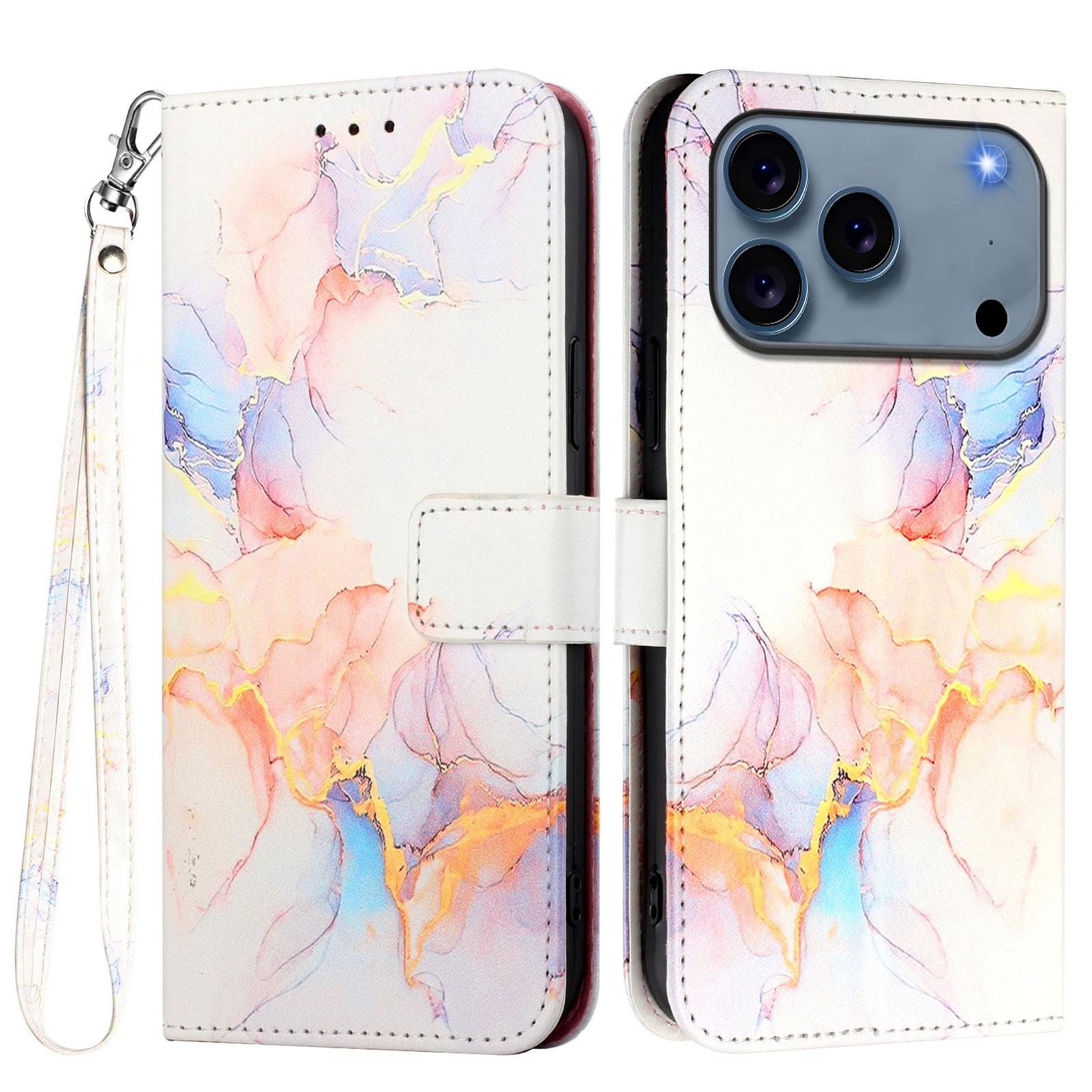 

For iPhone 17 Pro Max Case with Strap Marble Pattern Leather Phone Cover Card Holder C