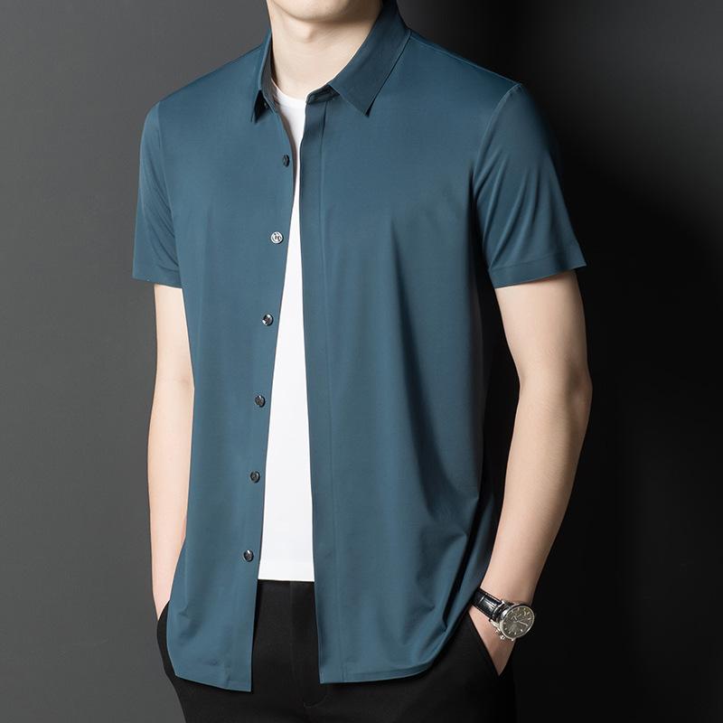 Seamless Iron-free Ice Silk Short-sleeved Men's Shirt Summer New Style Young and Middle-aged Business Casual High-elastic Thin Shirt for Men