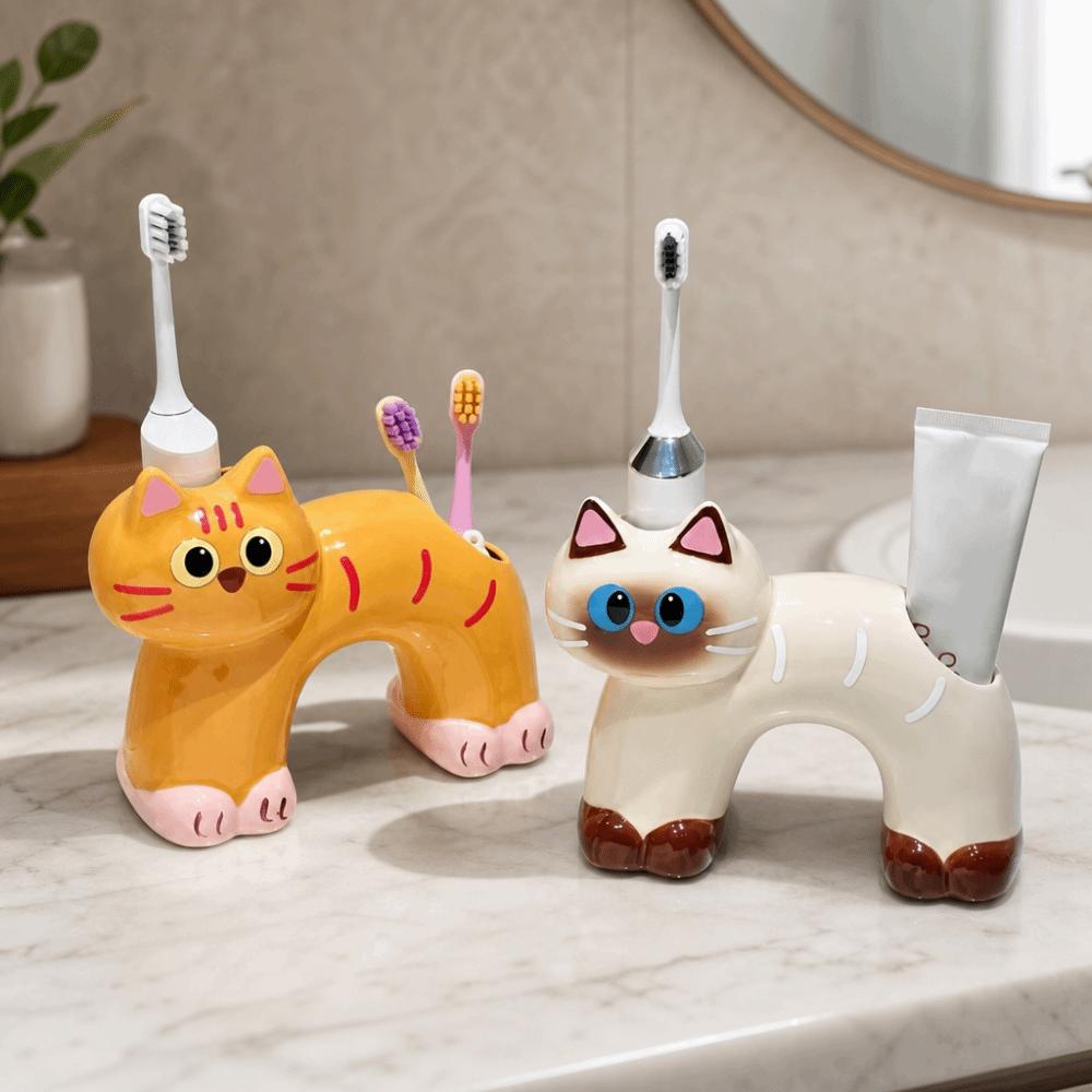 Ceramic Cat Toothbrush Holder Creative Cartoon Toothbrush Storage Rack Anti-Slip Base Reusable Electric Toothbrush Stand
