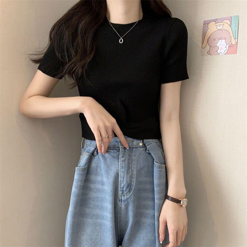 

Тонкая облегающая трикотажная рубашка с короткими рукавами, женская летняя футболка с высокой талией и открытым пупком L чёрный