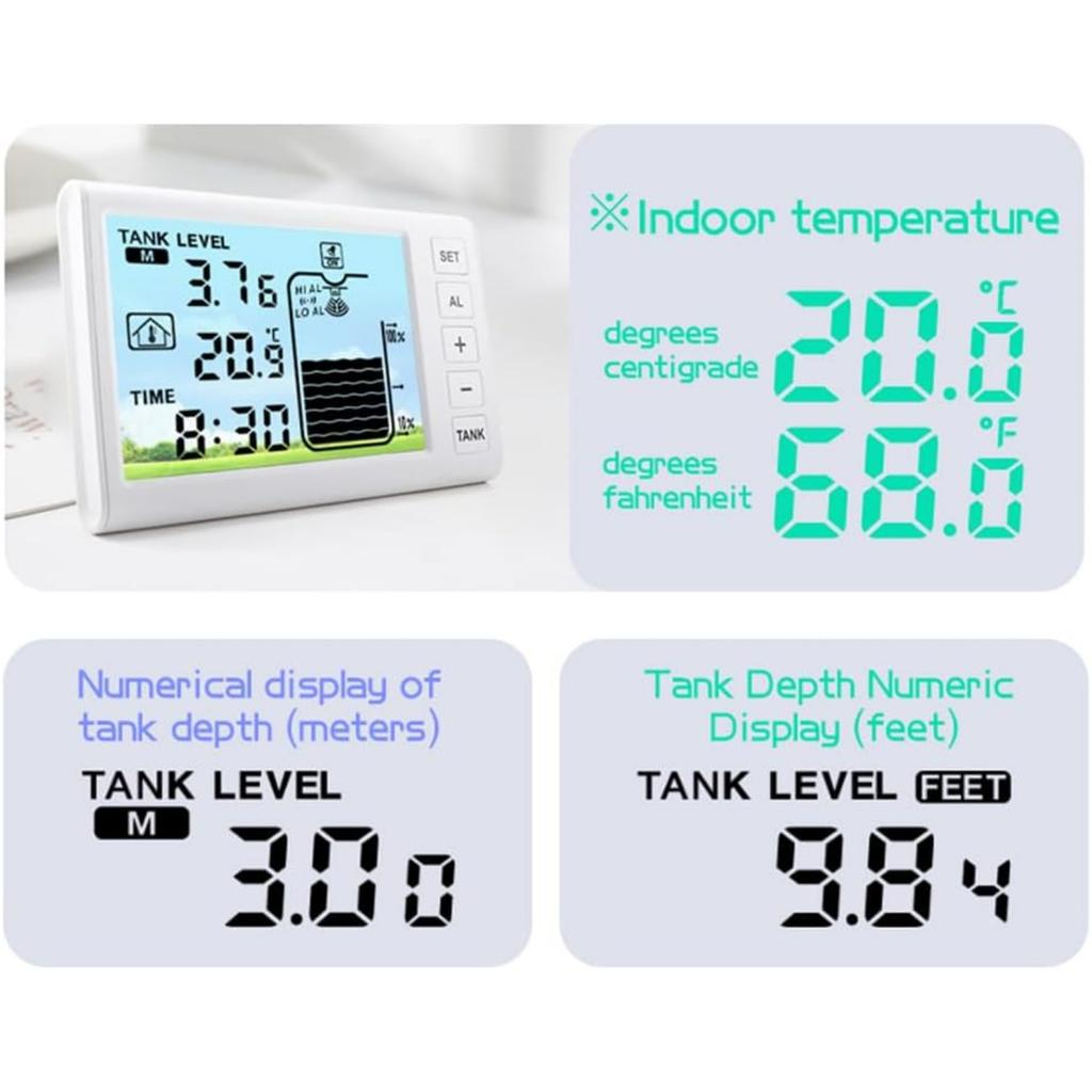 Wireless Ultrasonic Level Gauge Water Tank Liquid Level Meter with Temperature Sensor Liquid Depth Level Gauge Indicator with Time Display