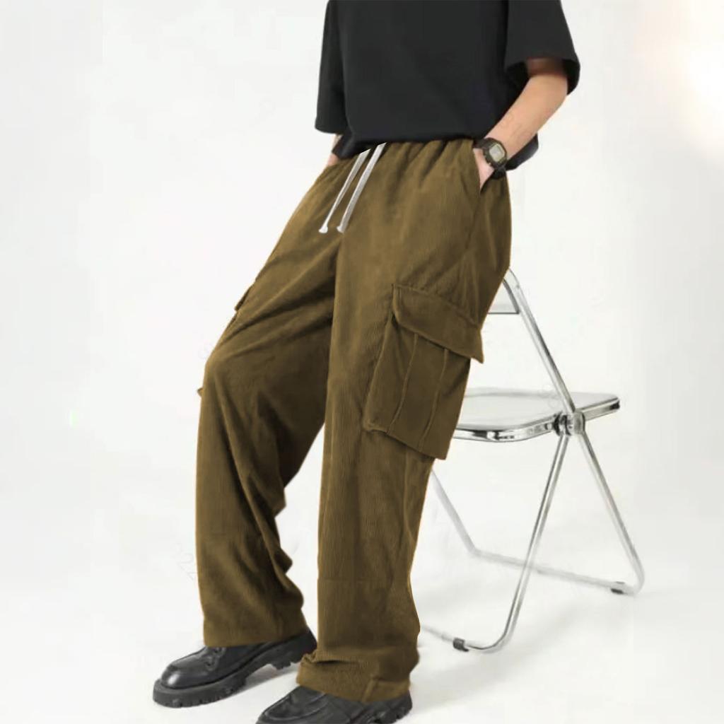 Men's Corduroy Cargo Pants - Wide Leg Elastic Waist Drawstring Sweatpants For Casual & Outdoor Activities
