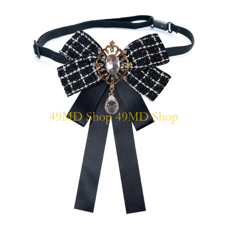 49MD Elegant Rhinestones Plaids Ribbon Bowtie with Pin Pre Tied Adjustable Preppy Bowknot Necktie for Fashionable Women Ties
