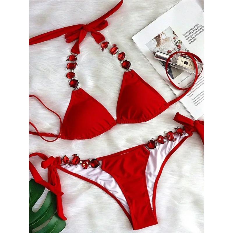 

2025 Блискуче стразове діамантове бікіні Жіночий купальник Жіночий купальний костюм Комплект бікіні з двох частин Халтер Металеві ланцюжки Купальний костюм S