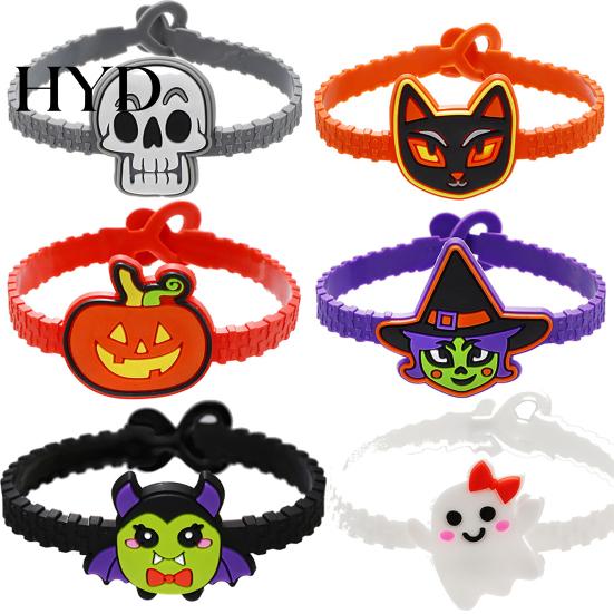 Colorful Cartoon Character Bracelets 2PCS Halloween Bracelets, Ghost/Pumpkin/Black Cat/Skull/Witch/Little Devil Shape, Adjustable Soft Silicone