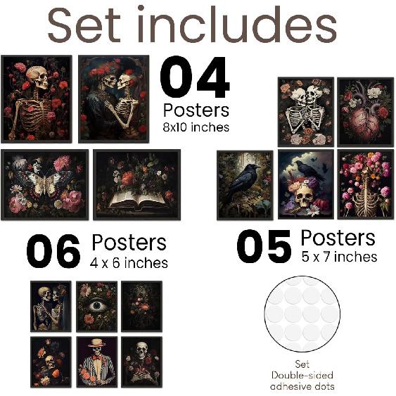 TRAMIN Romantic Gothic Wall Art, Goth Wall Art Prints, Dark Raven Skull Poster, Floral Gothic Decor For Bedroom, Moody Halloween Decor Aesthetic