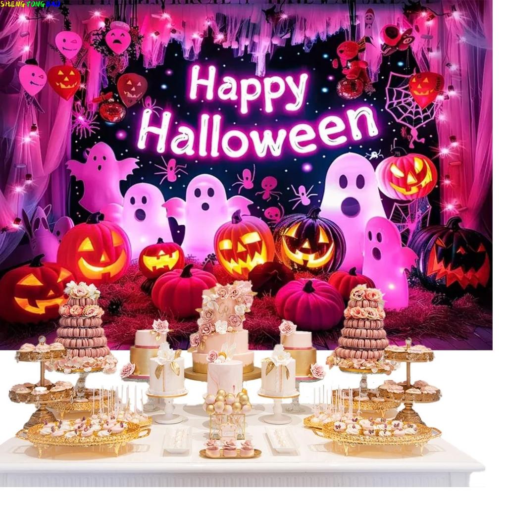 Halloween Pink Soft Halloween Night Decoration Background Banner Family Party Room Decor Poster Happy Birthday Background B02