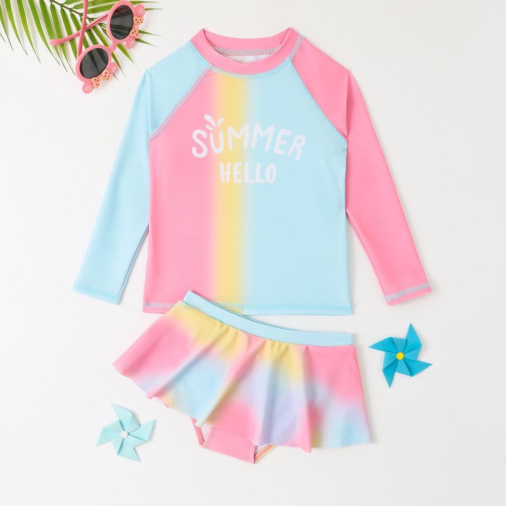 Girl's Gradient Long-Sleeve Two-Piece Swimsuit Set (2025)