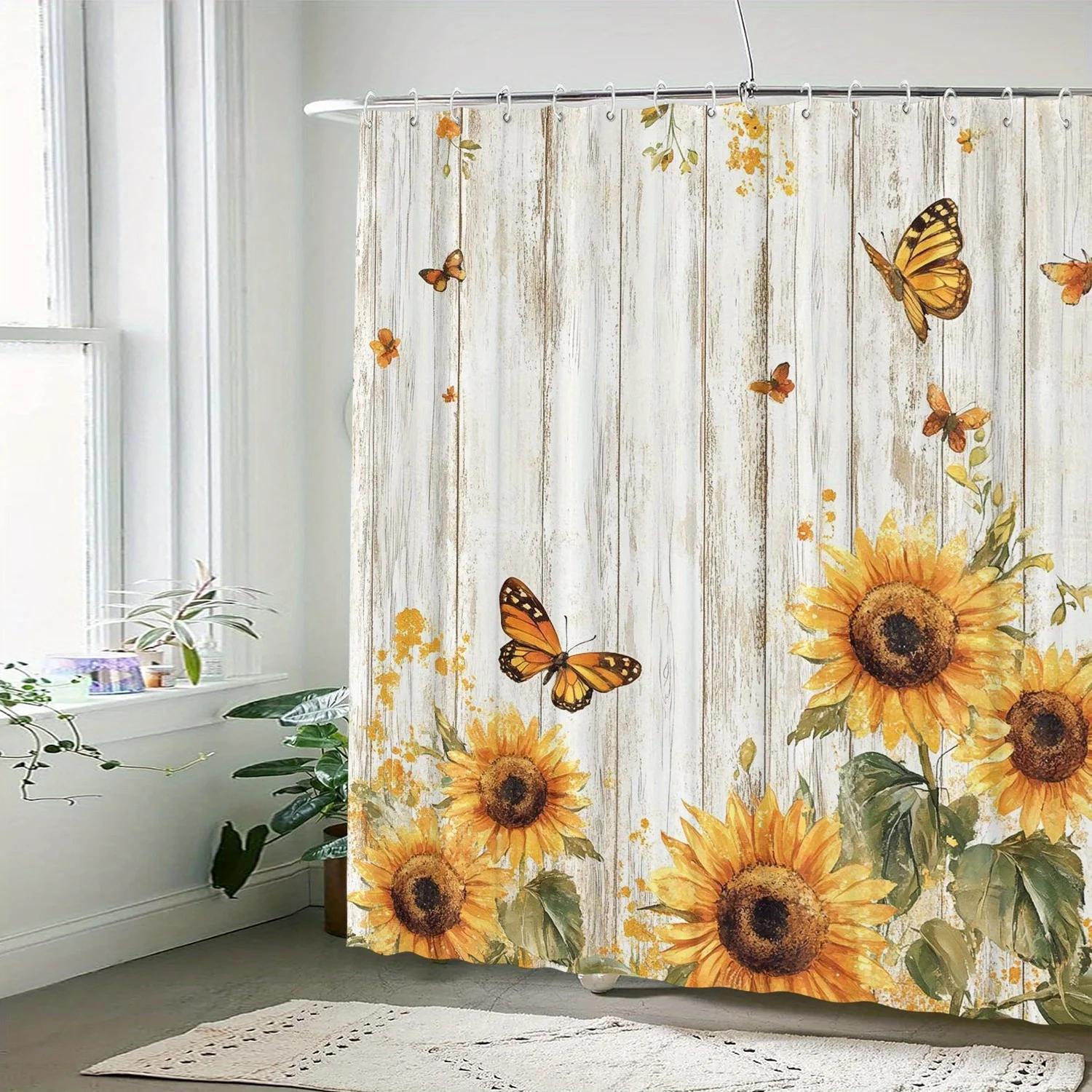 

Sunflower And Butterfly Pattern, Artistic Graphic Print, Machine Washable Bathroom Curtain - Animal Themed Decorative Accessory W60H190(CM)-1 Pcs