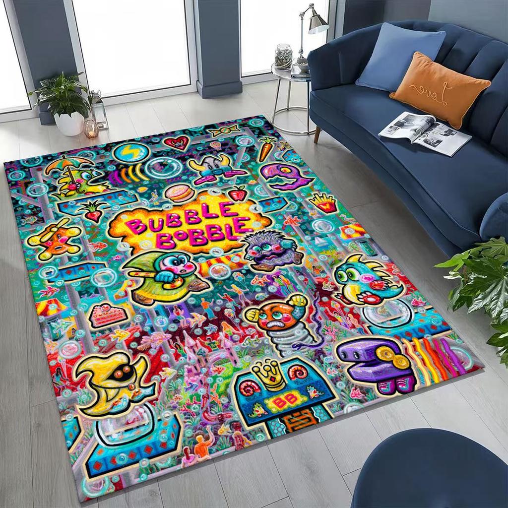 3D Retro Game Bubble Bobble Cartoon Gamer Rug for Bedroom Living Room Sofa Home Doormat Decor, Large Kid Play Non-slip Floor Mat