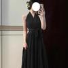 Pure desire wind red neck dress for women's spring and summer new a-word royal sister waist strap slim mid-length dress