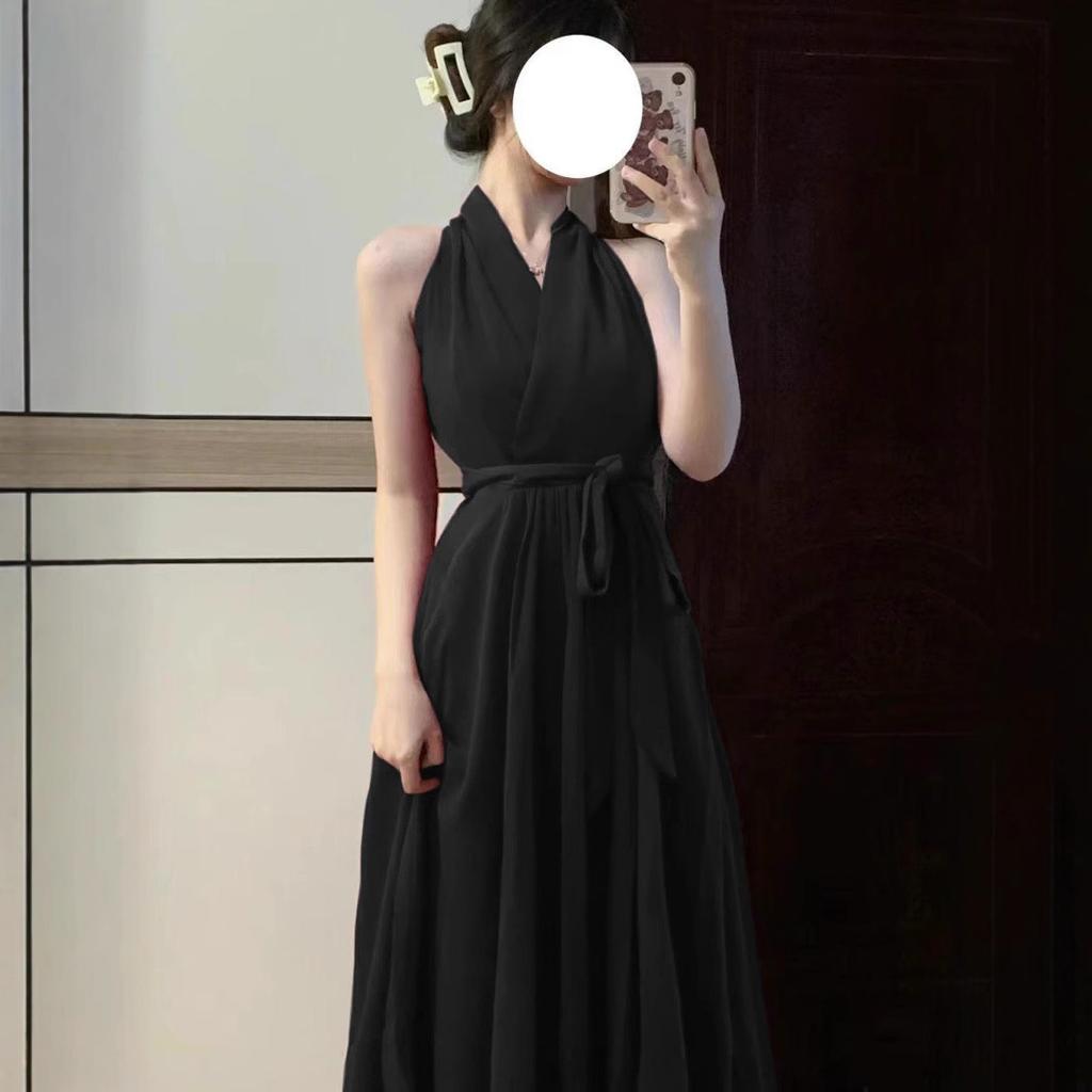 Pure desire wind red neck dress for women's spring and summer new a-word royal sister waist strap slim mid-length dress