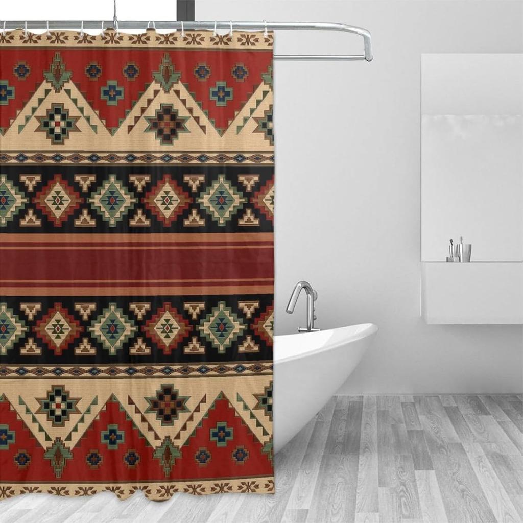 Western Aztec Shower Curtain, Boho Southwestern Native American Abstract, Tribal Navajo Waterproof Fabric Bathroom Curtain, 72x8