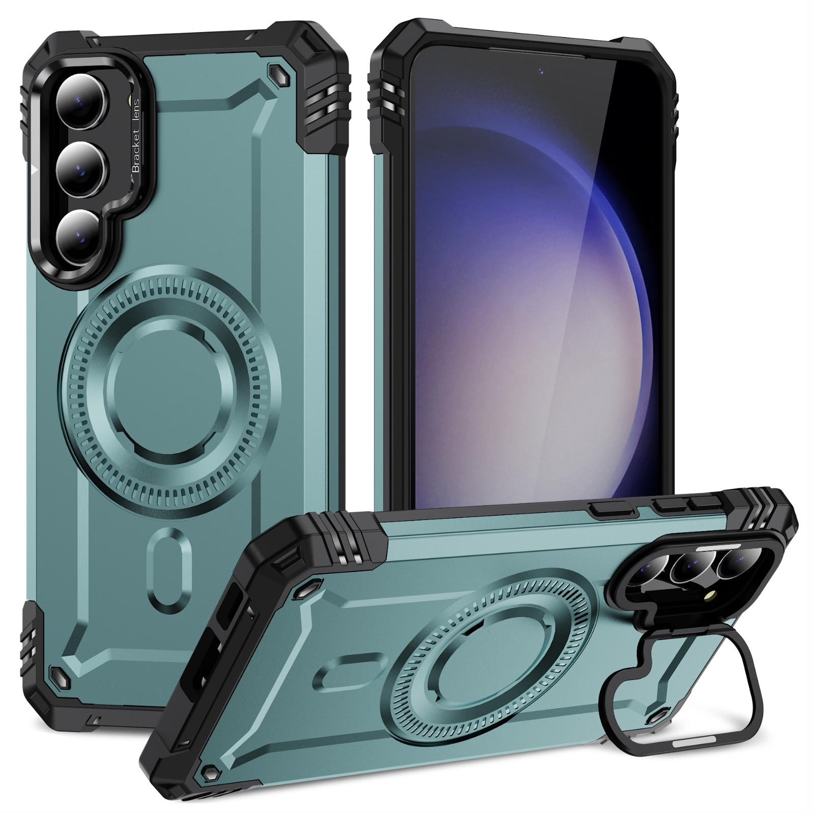 

For Samsung Galaxy S23 Case Compatible with MagSafe Metal Lens Frame Kickstand PC+TPU Mobile Cover Grey Green