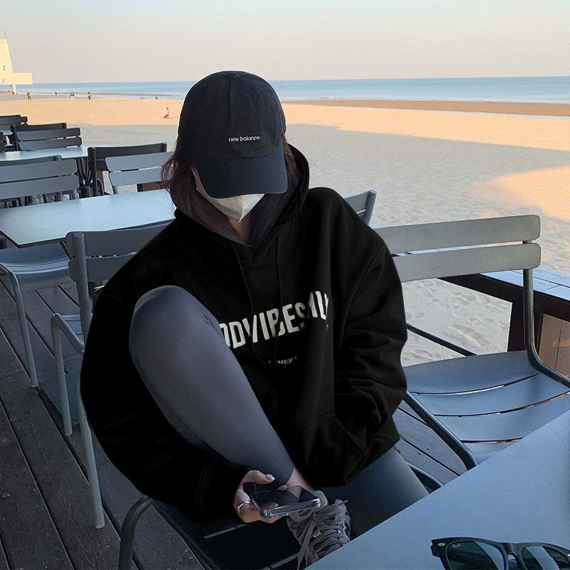 

2025 Autumn Fleece Hoodie Solid Color Letter Hooded Korean Fashion Sweatshirts Long Sleeve Top Drawstring Pockets Loose Hoodies 3XL