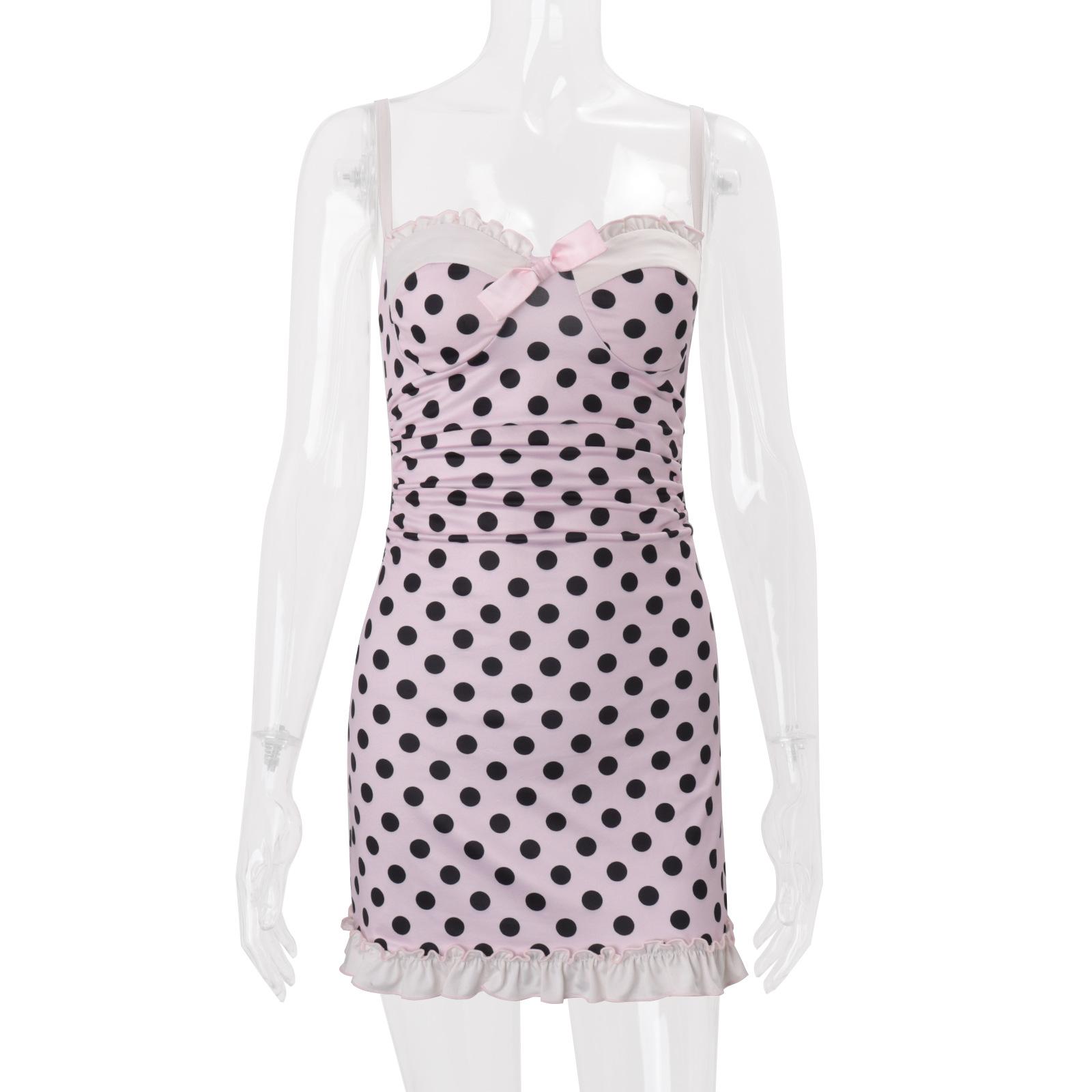 European and American women s clothing summer new French sexy polka dot suspender temperament waist slim dress women S розовый