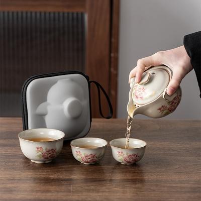 Ru Kiln High-end Open-piece Travel Tea Set, One Pot, Three Cups, Outdoor Portable Light Luxury Company Business Commemorative Gift