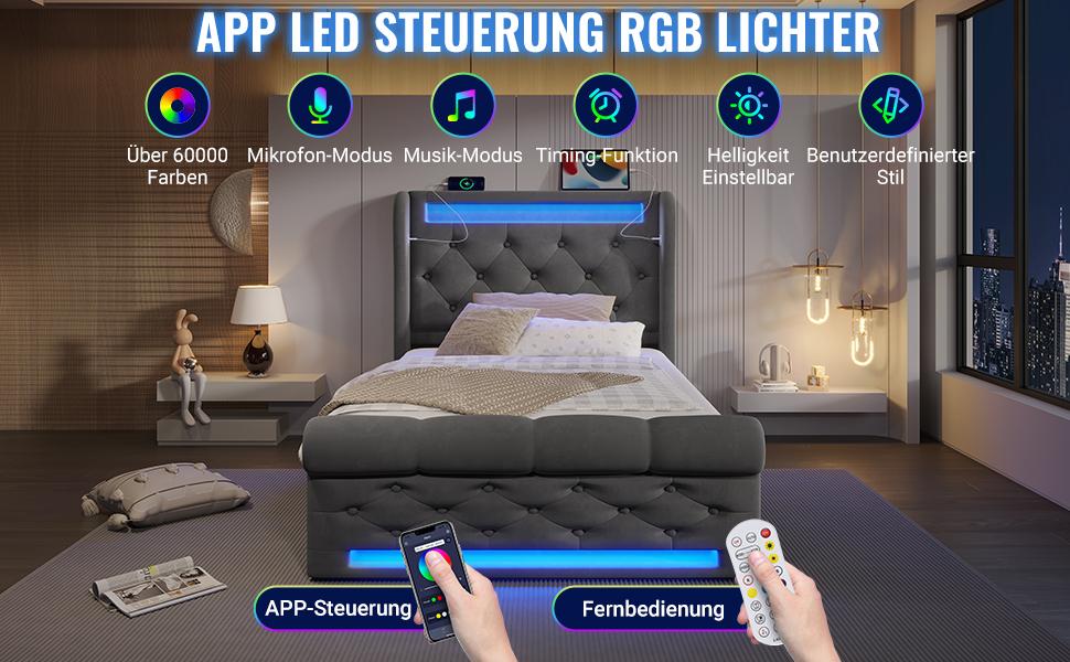 Upholstered Bed Single 90x200cm, with LED Lights, Storage Headboard with USB and Type-C Ports, Hydraulic Storage, Gray, Velvet (Without Mattress)