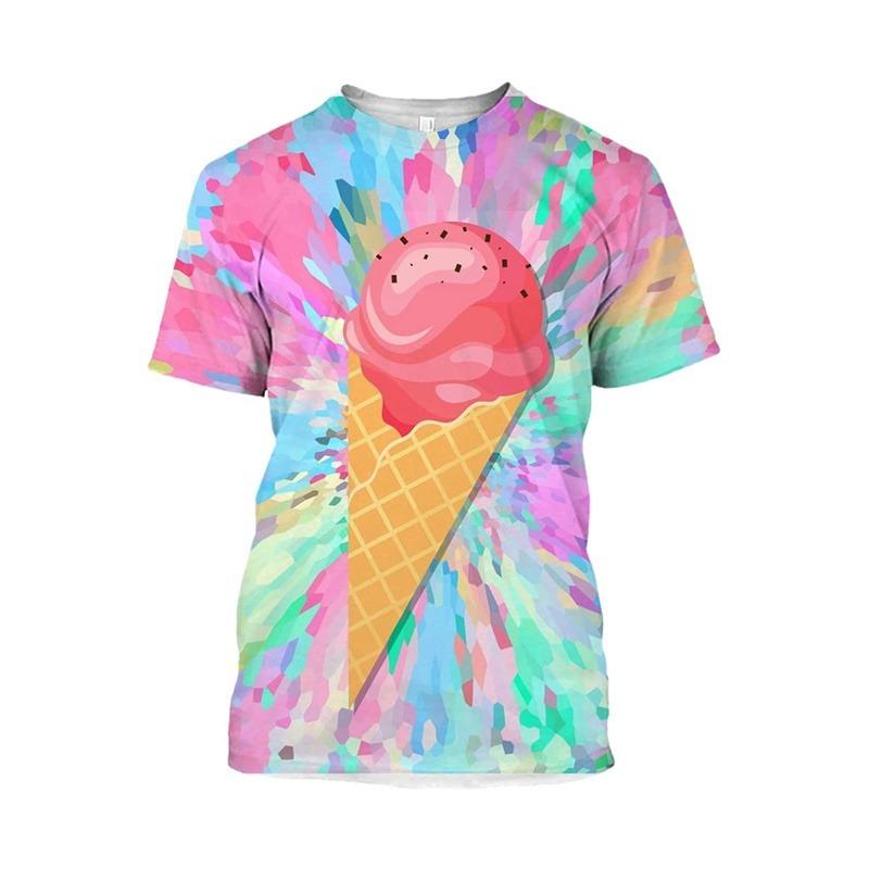 Eis 3D-Druck T-Shirt Herren Erdbeer Schokolade Grafik T-Shirt Unisex Lustig Essen Lässig Kurzarm Oberteile Cartoon T-Shirt