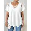 V-neck Short Sleeved Cross Strap T-shirt Large Size Summer Casual Fashion Hollow Out Blouse Solid Color Women Sweet Simple Office Shirts Clothing