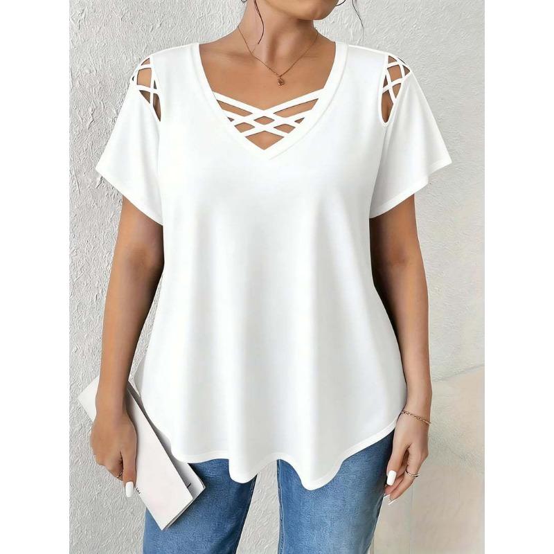V-neck Short Sleeved Cross Strap T-shirt Large Size Summer Casual Fashion Hollow Out Blouse Solid Color Women Sweet Simple Office Shirts Clothing