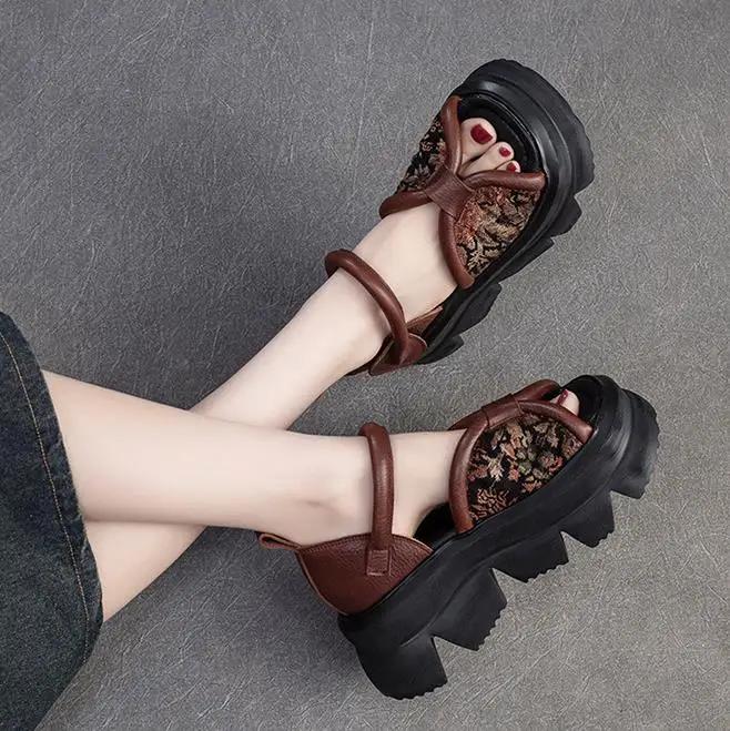 Fashion 7CM Stretch Fabric Women Sandals Cow Genuine Leather Platform Flats Chunky Sneakers Elastic Moccasins 2025 Fashion Natural Shoes