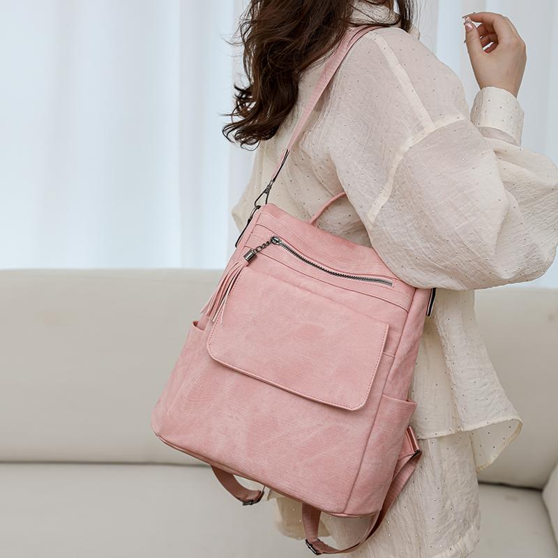 Women's Soft Leather Backpack Large Capacity Student Commuter Schoolbag Tassel Travel Backpack