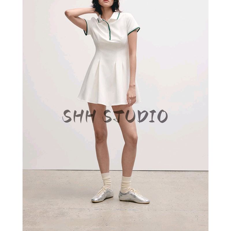 Women's Spring Clothing French Style Preppy Style Lapel Short Sleeve Wavy Style Wide Hem Rib Short Dress 4661306