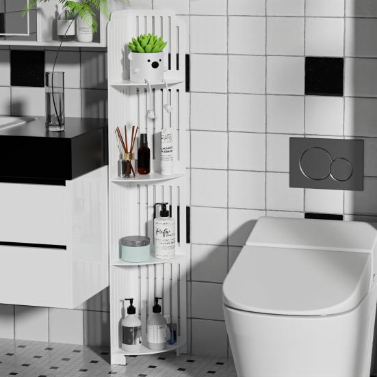 Badkamer Opbergkast 4-Laags Kast, Kleine PVC Hoek Staande Plank, Smal met Hol Ontwerp Plank