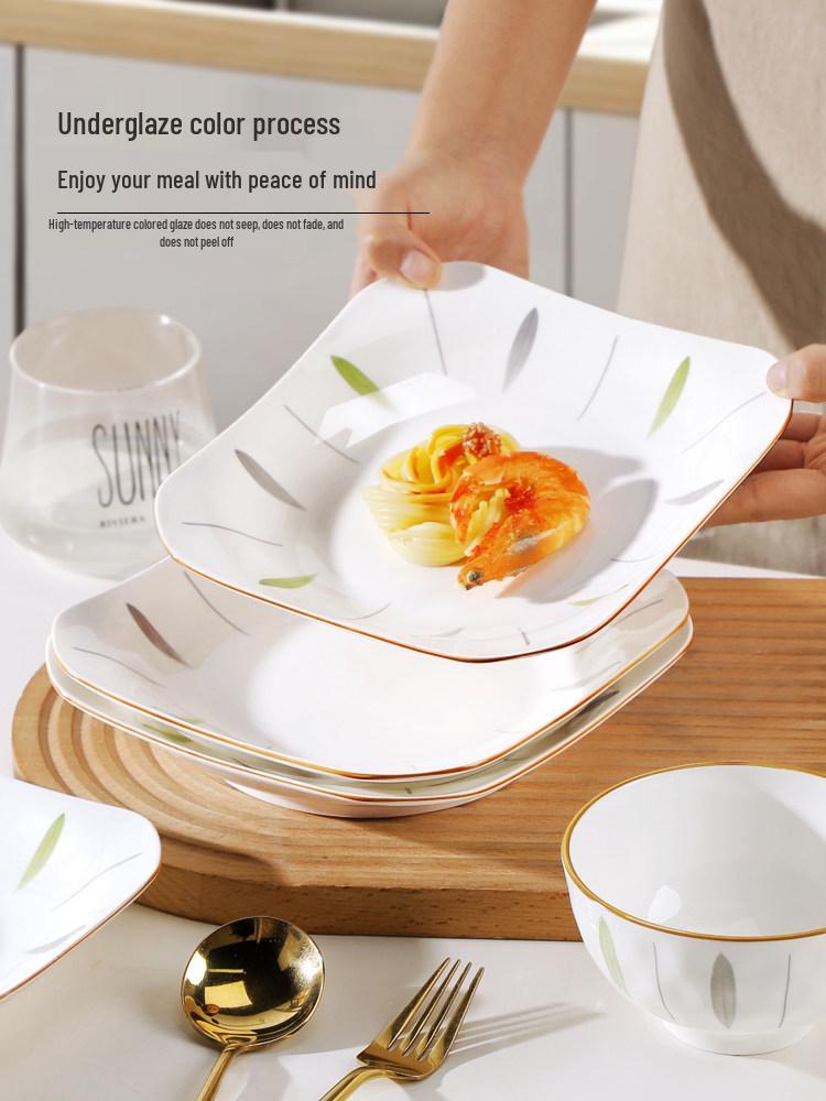 Japanese Style 4/6 Piece Square Ceramic Plate Set: Thick, Microwaveable Ruyi Rice Plates