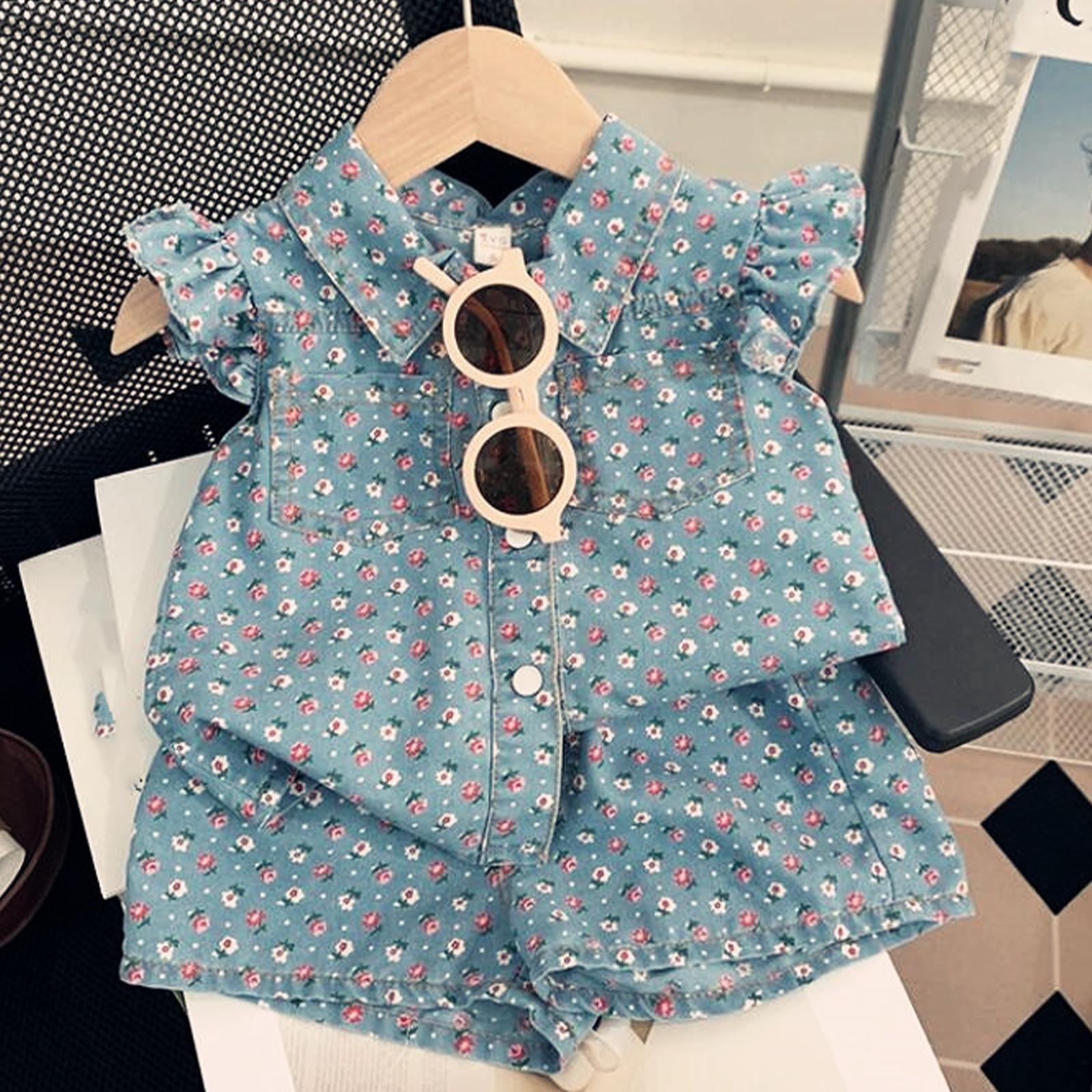 

Girls Flared Sleeve Denim Print Set Fashion Top And Shorts Two-Piece Set 110
